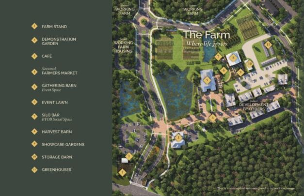 Illustrated site map of The Farm showing labeled areas such as café, farmers market, event lawn, barns, silo, gardens, greenhouses, farm stand, and working farm housing, surrounded by trees and pathways.