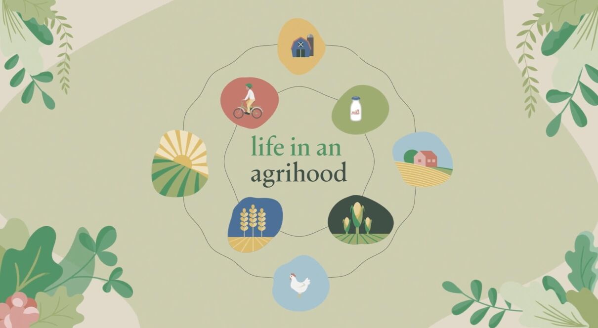 Cultivating Community (graphic) Life in an Agrihood illustrated graphic of farm, milk, corn, fields, chicken