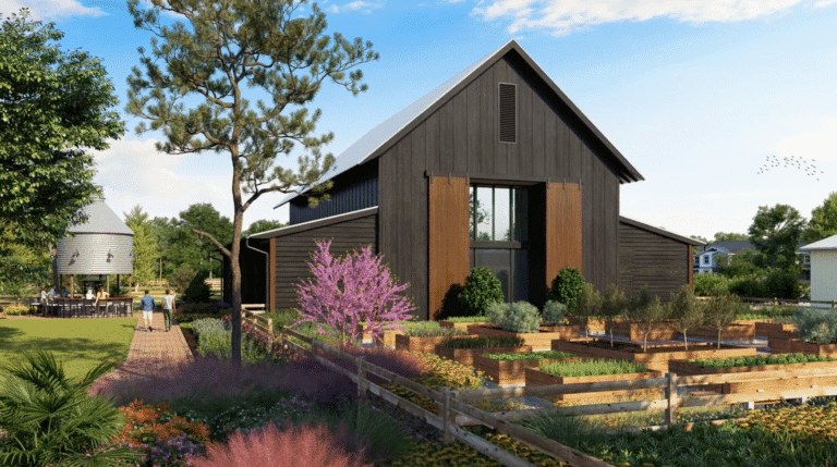A view of the Finishing Barn and the Silo Bar at The Grow, Orlando's First Agrihood