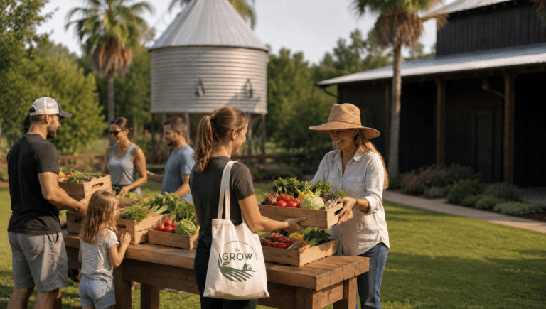 People exchange boxes of fresh produce at an outdoor market on a farm. A woman with a straw hat smiles as she hands a box to another woman with a tote bag. Trees, silo, and barn are visible in the background.