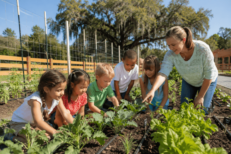 A woman and five young children tend to leafy green plants in a sunny garden. The group is gathered together, observing and touching the plants, surrounded by fencing and trees in the background.