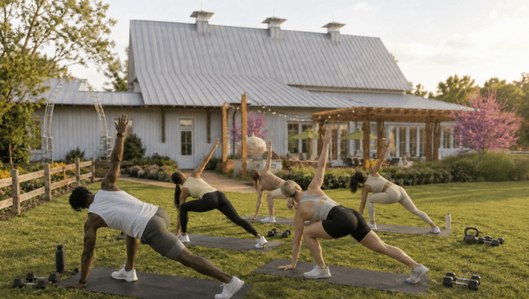 A group of people practice yoga on mats outside on a grassy lawn surrounded by trees and flowers on a sunny day.