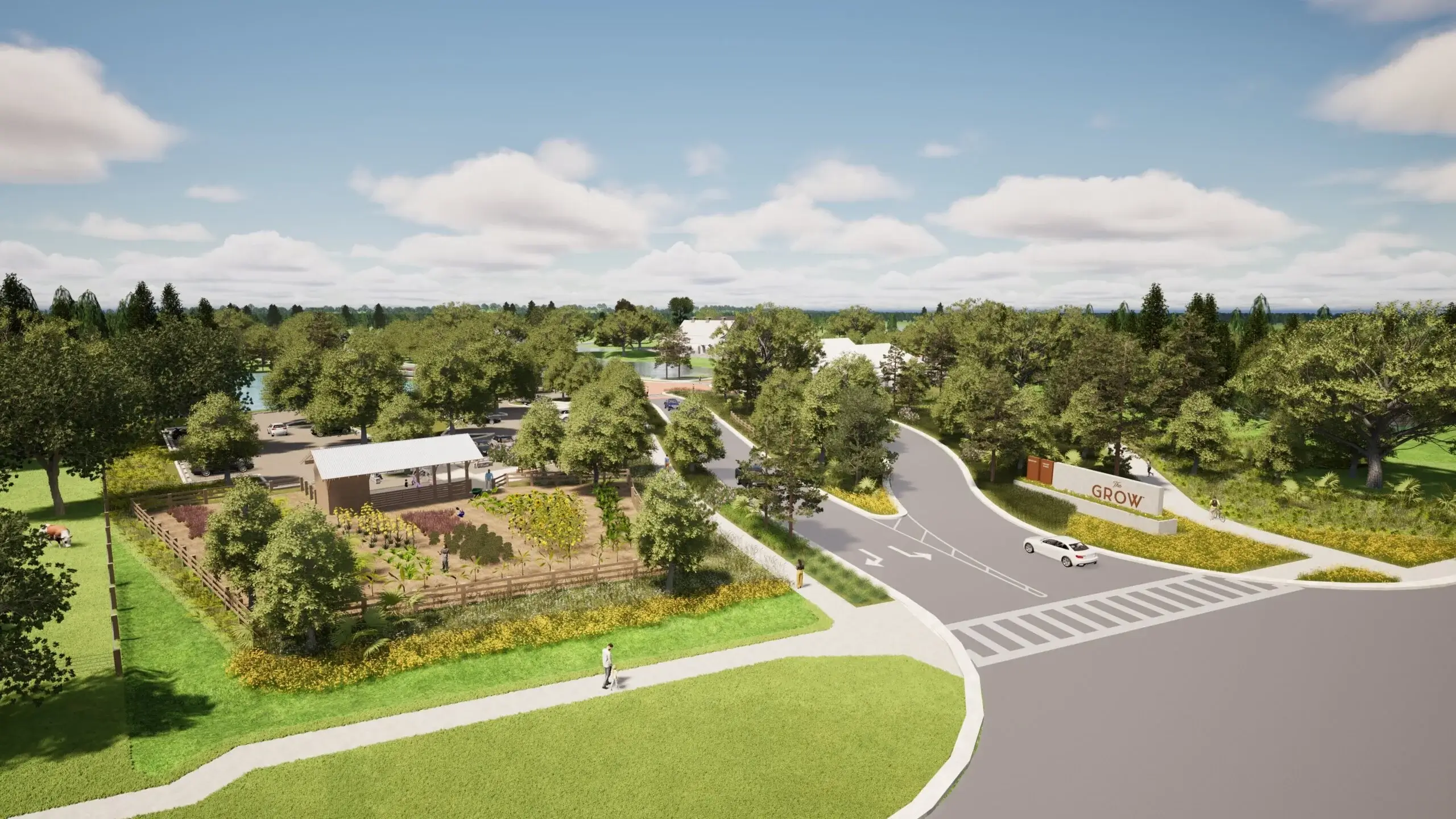 The Grow – Entrance with Garden aerial rendering of The Grow Orlando agrihood - the entrance from East Colonial Drive shows the farm stand and demo garden on the left