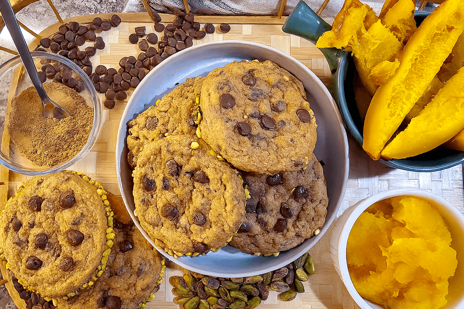GRO-Pumpkin Cookies 3 freshly baked pumpkin chocolate chip cookies with crushed pistachios around the rims, displayed on a bamboo tray. The scene includes roasted pie pumpkin slices, a bowl of pumpkin puree, chocolate chips, pistachios, and a small dish of pumpkin pie spice, all captured in warm natural light on a granite countertop.