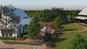 Conceptual rendering of the Event Lawn and Gathering Barn at The Grow agrihood in Orlando, an open green space for community gatherings
