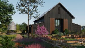 Conceptual rendering of the Silo Bar and Gathering Barn at The Grow agrihood in Orlando, with garden beds and native landscaping