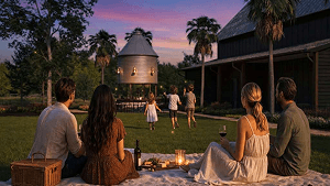 Conceptual rendering of the Silo Bar at The Grow, a converted silo beside a barn with a covered porch and an open lawn