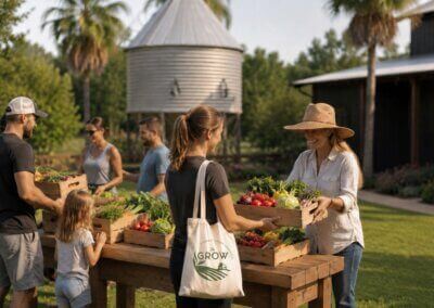 A group of people looking at crates full of produce at a farmers market. One has a tote bag featuring a green logo with the words "The Grow." The background includes open green space, trees, and a Silo Bar.