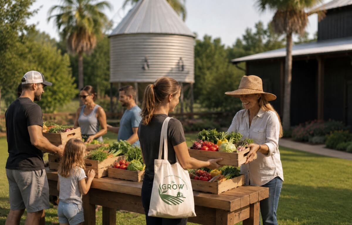 A group of people looking at crates full of produce at a farmers market. One has a tote bag featuring a green logo with the words "The Grow." The background includes open green space, trees, and a Silo Bar.