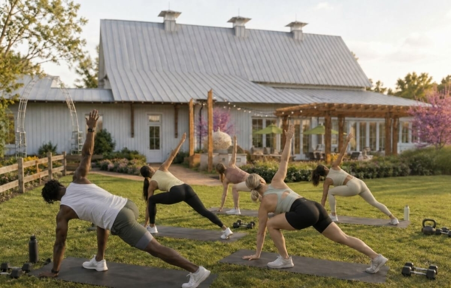 People doing yoga in a wide open green space. In the background, a white farmhouse-inspired building (the Gathering Barn) with a pergola can be seen.