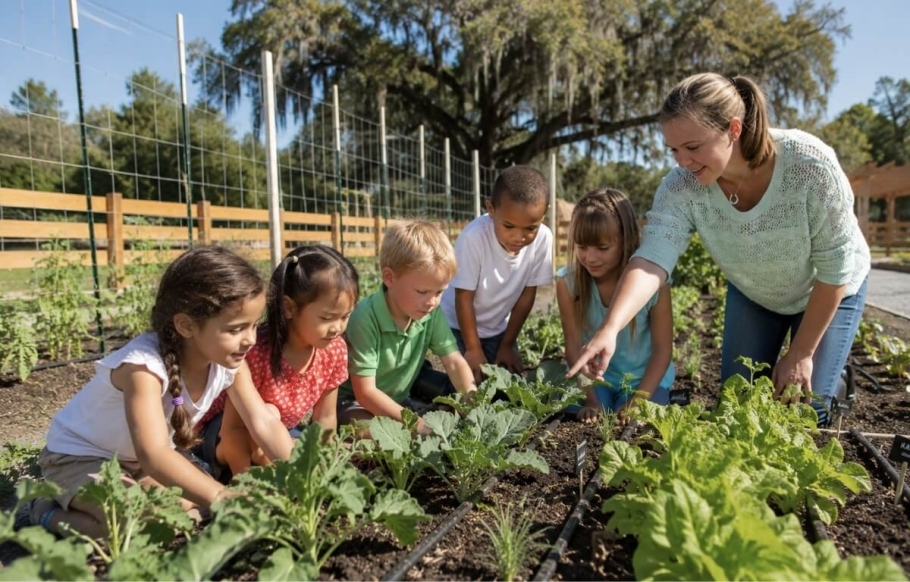 Children gather around a vibrant, well-tended garden bed as an instructor teaches them about growing crops — part of the lifestyle at The Grow.