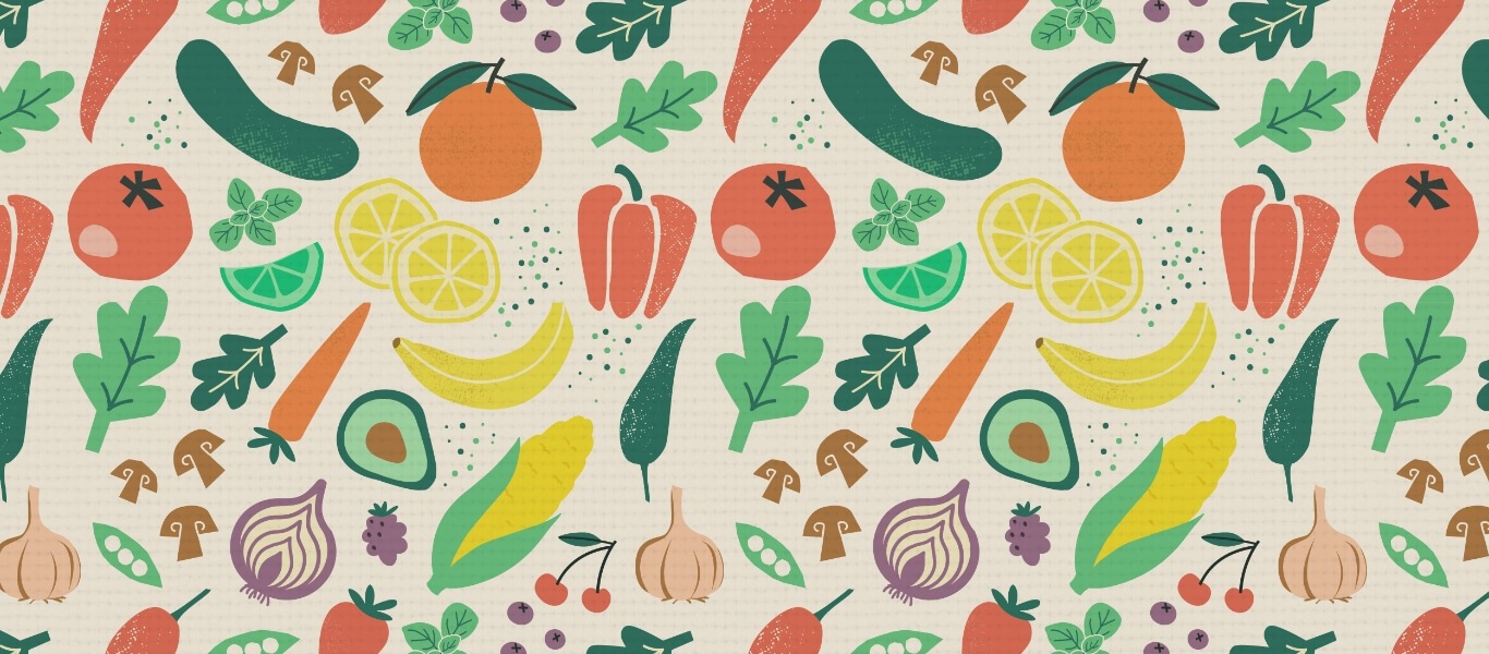 decorative image featuring colorful illustrations of mixed fruits and vegetables