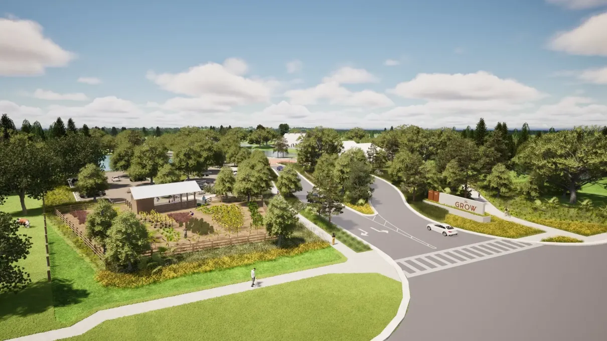 The Grow – Entrance with Garden aerial rendering of The Grow Orlando agrihood - the entrance from East Colonial Drive shows the farm stand and demo garden on the left