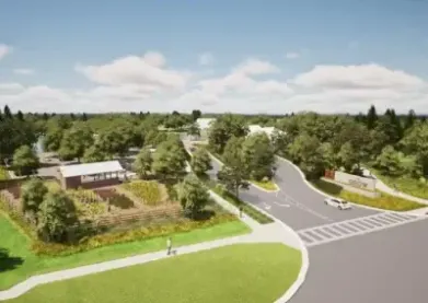 aerial rendering of The Grow Orlando agrihood - the entrance from East Colonial Drive shows the farm stand and demo garden on the left